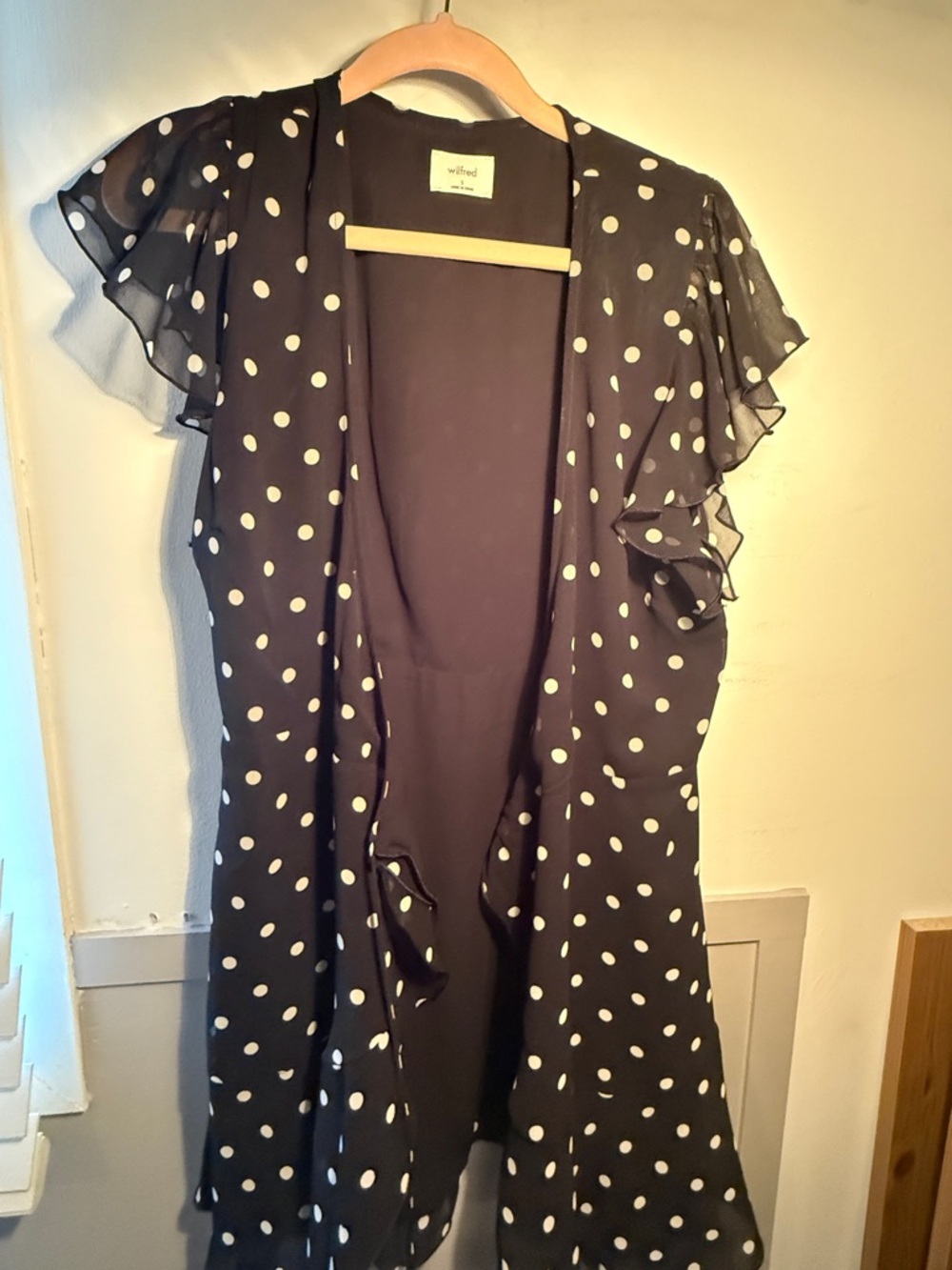 Wilfred Black and White Polka Dot Ruffle Sleeve Wrap Dress